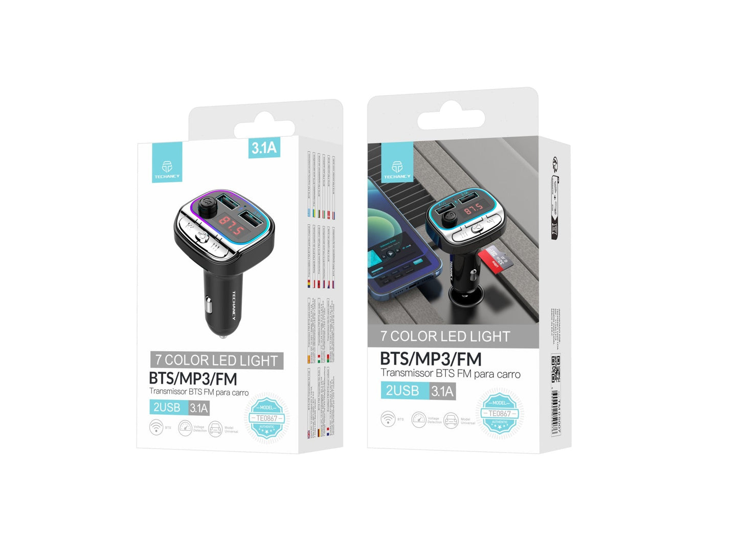 Techancy Transmissor Fm Para Carro TE0867, Bluetooth, Mp3, 2usb 3.1a, Luz Led 7 Cores, Para 12-24v