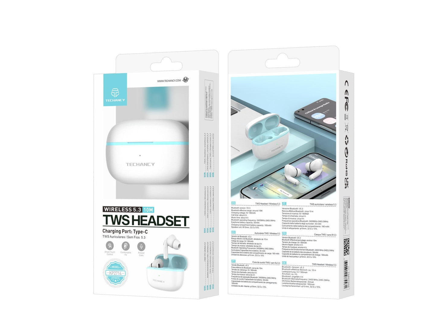 Techancy Auriculares TWS KP2714 Bluetooth 5.3 ligação 10m USB-C 4h de autonomia som nítido confortável cor branca