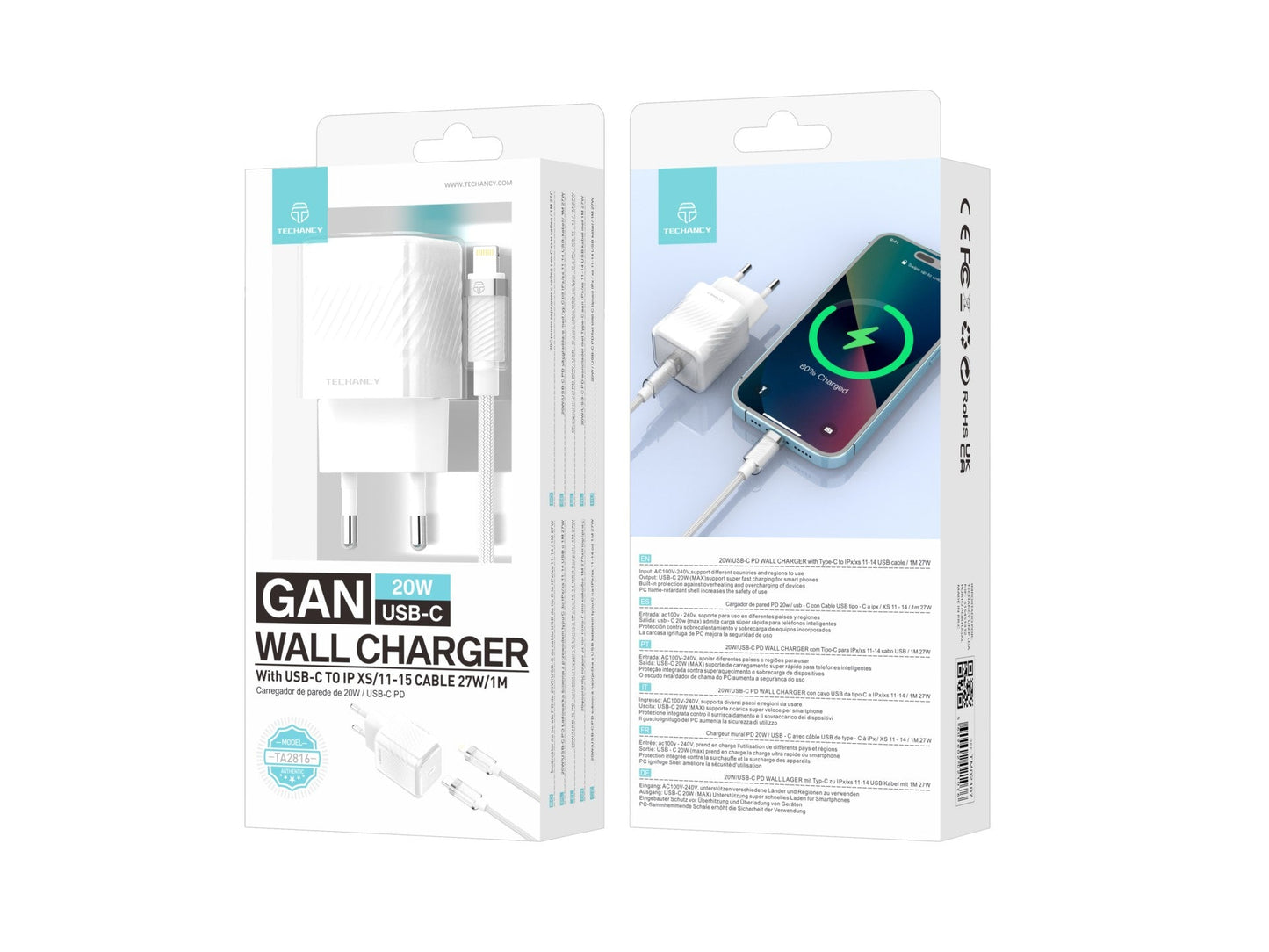 Techancy Carregador De Telemóvel De 20 W Branco TA2816, Carregamento Rápido Usb-C Pd Gan, Conjunto De Cabos Usb C Para Lightning 1m/30w