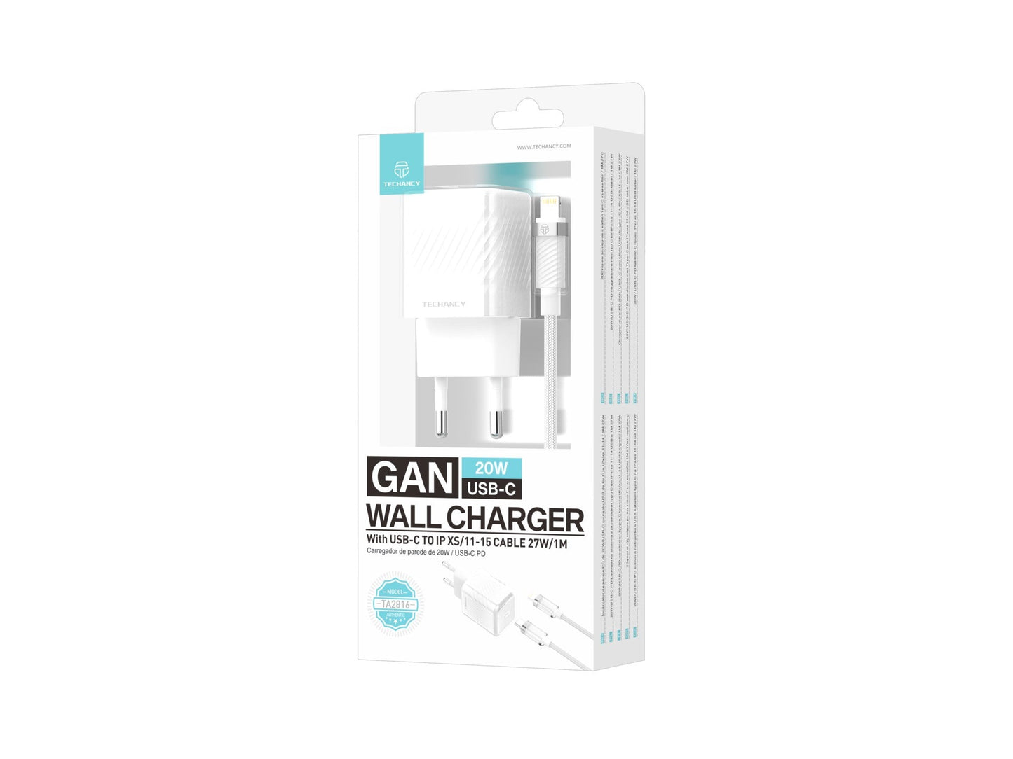 Techancy Carregador De Telemóvel De 20 W Branco TA2816, Carregamento Rápido Usb-C Pd Gan, Conjunto De Cabos Usb C Para Lightning 1m/30w