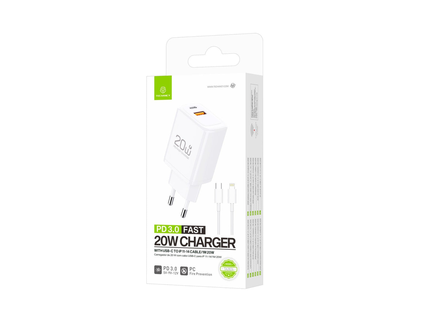 Techancy Carregador TA2826 PD3.0 20W com Duas Portas USB-C e Cabo Lightning Compativel com iPhone 8 a 14 Serie
