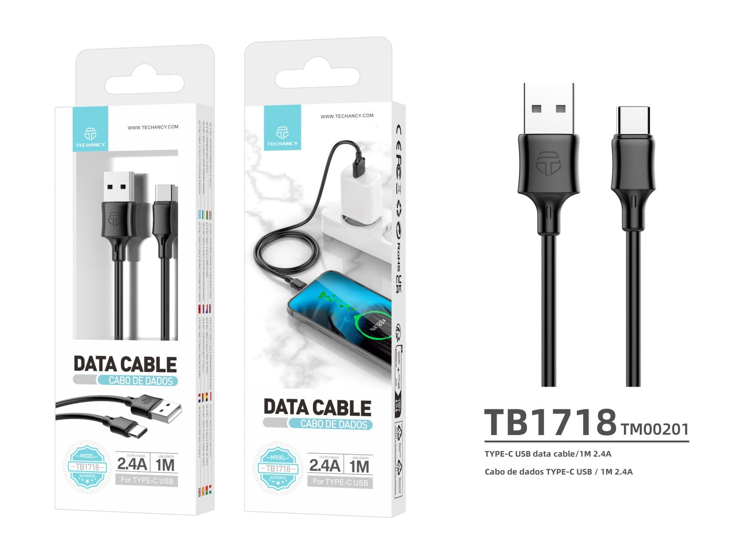 Techancy Cabo De Dados Usb-Tipo C 1M Preto TB1725, Carregamento De 2,4 A, Compatível Com Telemóveis Tipo C