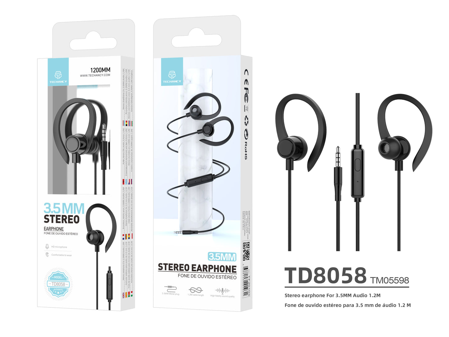 Techancy Auriculares stereo 3.5MM TD8058 cabo 1.2M com microfone confortavel som alta fidelidade Preto