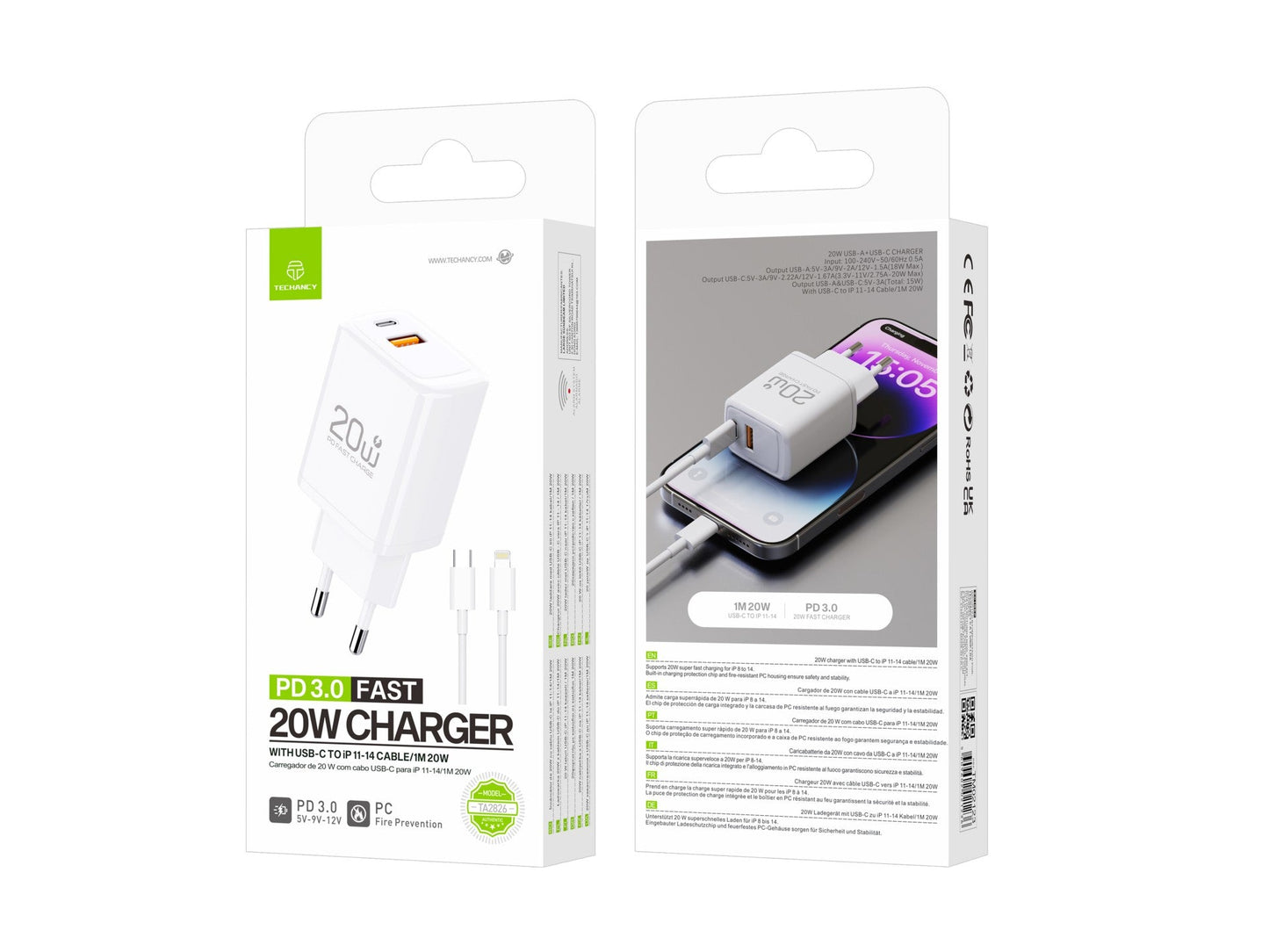 Techancy Carregador TA2826 PD3.0 20W com Duas Portas USB-C e Cabo Lightning Compativel com iPhone 8 a 14 Serie