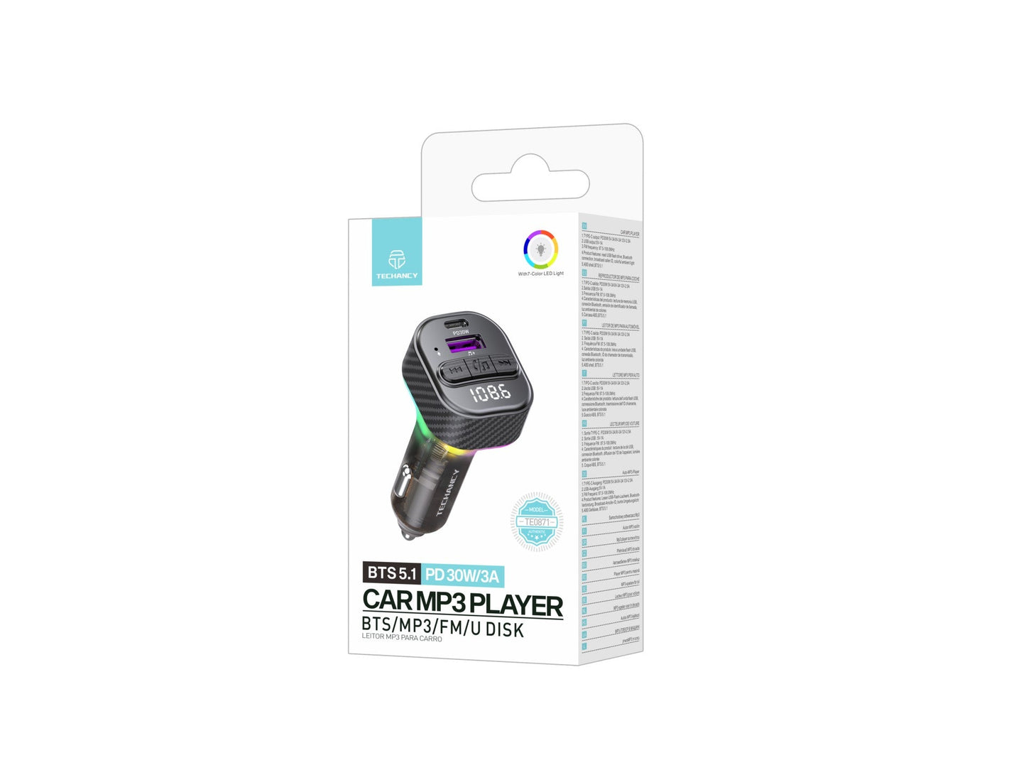 Techancy Leitor De Mp3 Para Automóvel TE0871, Carregamento Rápido Pd De 30 W, Bluetooth 5.1, Leds A Cores, Duas Portas Usb