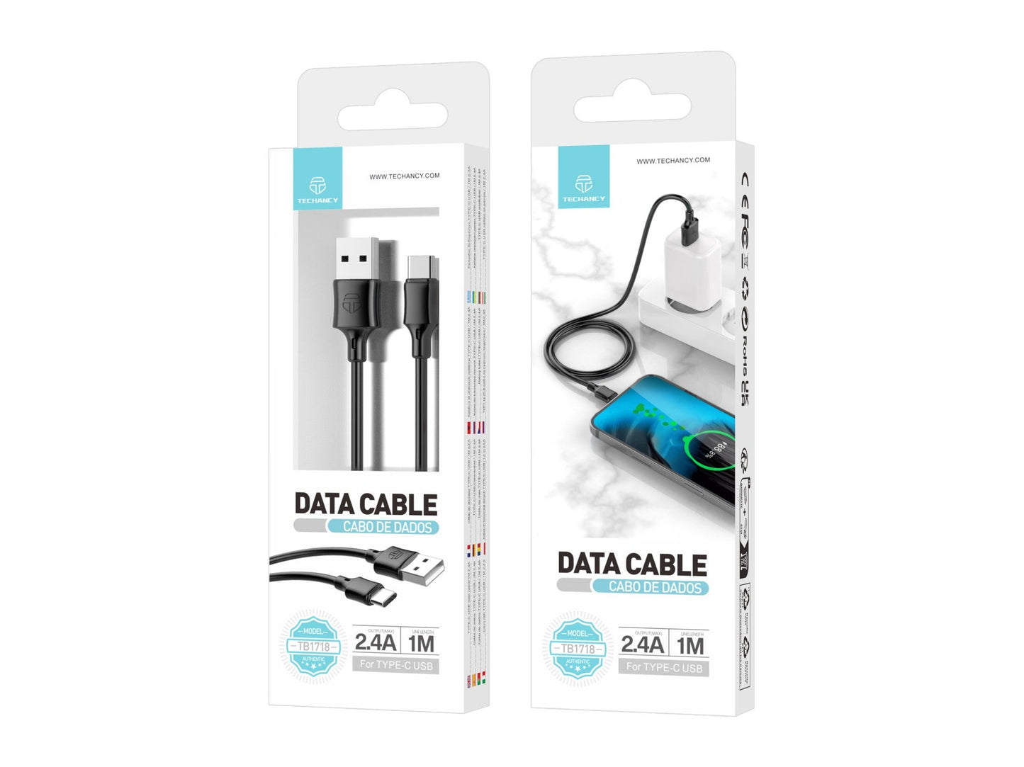 Techancy Cabo De Dados Usb-Tipo C 1M Preto TB1725, Carregamento De 2,4 A, Compatível Com Telemóveis Tipo C