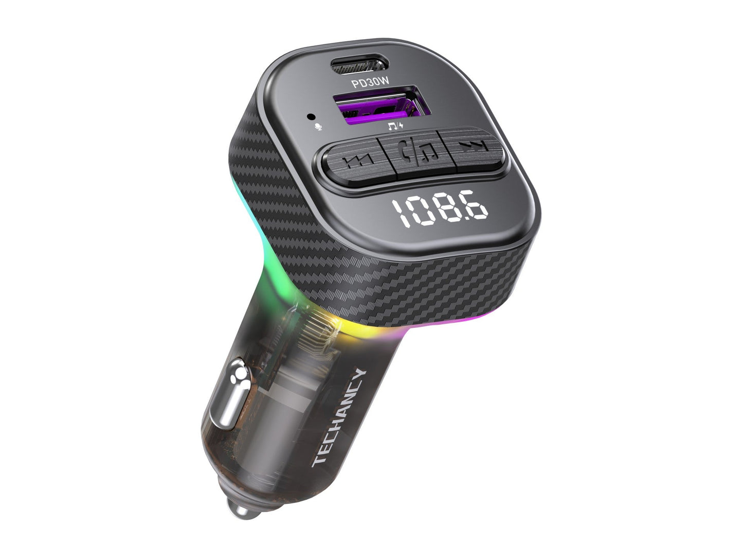 Techancy Leitor De Mp3 Para Automóvel TE0871, Carregamento Rápido Pd De 30 W, Bluetooth 5.1, Leds A Cores, Duas Portas Usb
