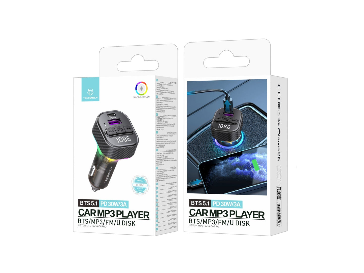 Techancy Leitor De Mp3 Para Automóvel TE0871, Carregamento Rápido Pd De 30 W, Bluetooth 5.1, Leds A Cores, Duas Portas Usb