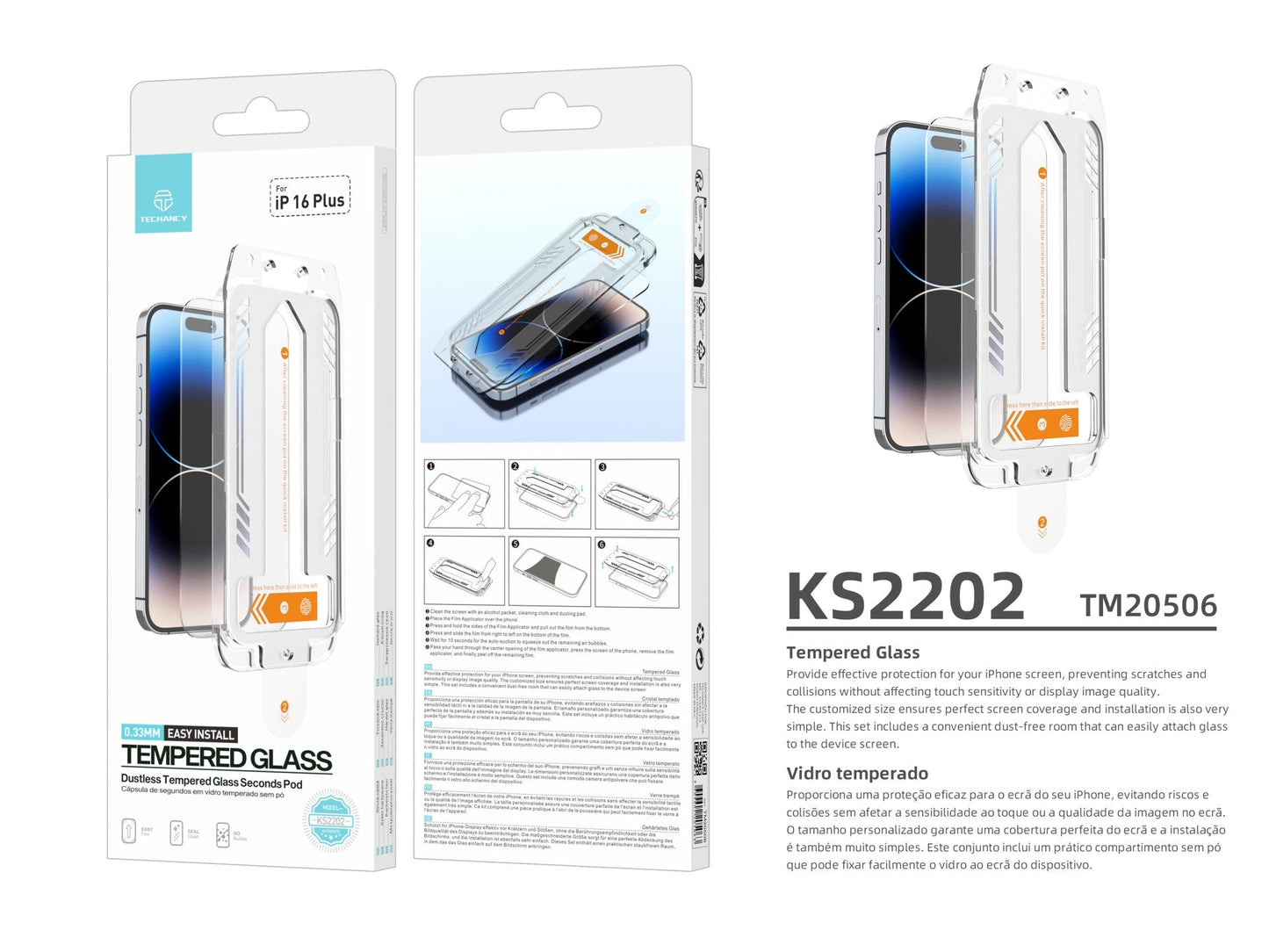 Techancy Protetor De Ecrã De Vidro Temperado KS2202, Compatível Com O Iphone 16 Plus, Fornecido Com Caixa De Instalação Rápida