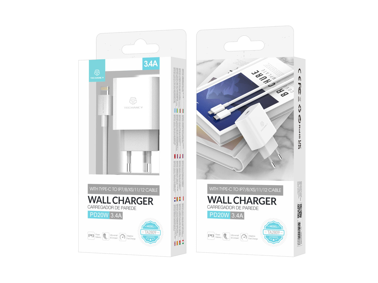 Techancy Carregador De Parede Pd Branco TA2807, Carregamento Rápido 3.4A Pd20w, Conjunto De Cabos Tipo C Para Ip 1m
