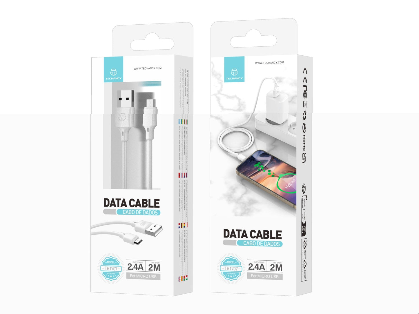 Techancy Cabo De Dados Usb-Micro Branco TB1707, 2 M De Comprimento, 2,4 A De Carregamento, Compatível Com Microdispositivos