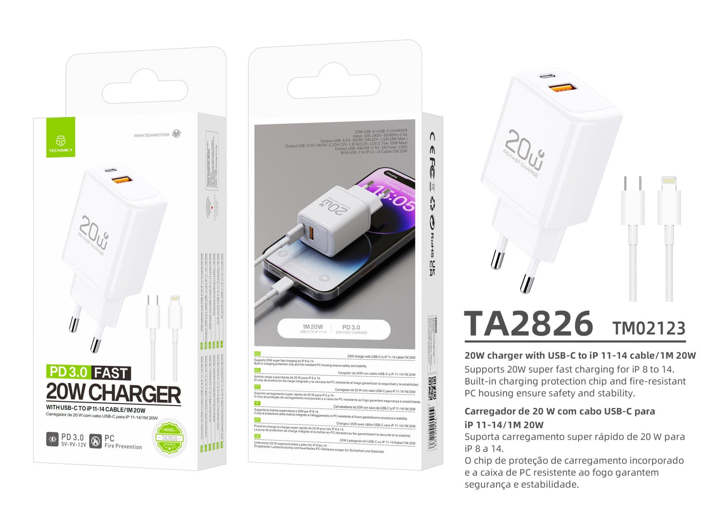 Techancy Carregador TA2826 PD3.0 20W com Duas Portas USB-C e Cabo Lightning Compativel com iPhone 8 a 14 Serie