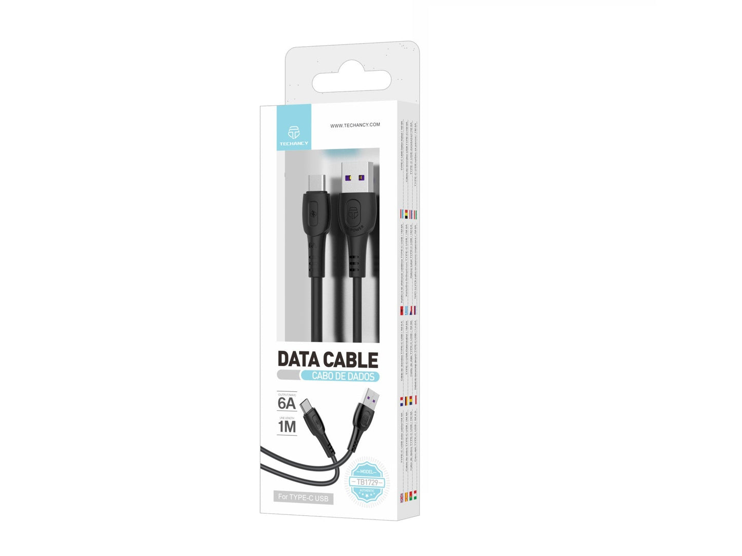 Techancy Cabo De Dados De Carregamento Super-Rápido 6A Preto TB1729, Porta Usb-Tipo-C, 1 M De Comprimento, Carregamento Rápido