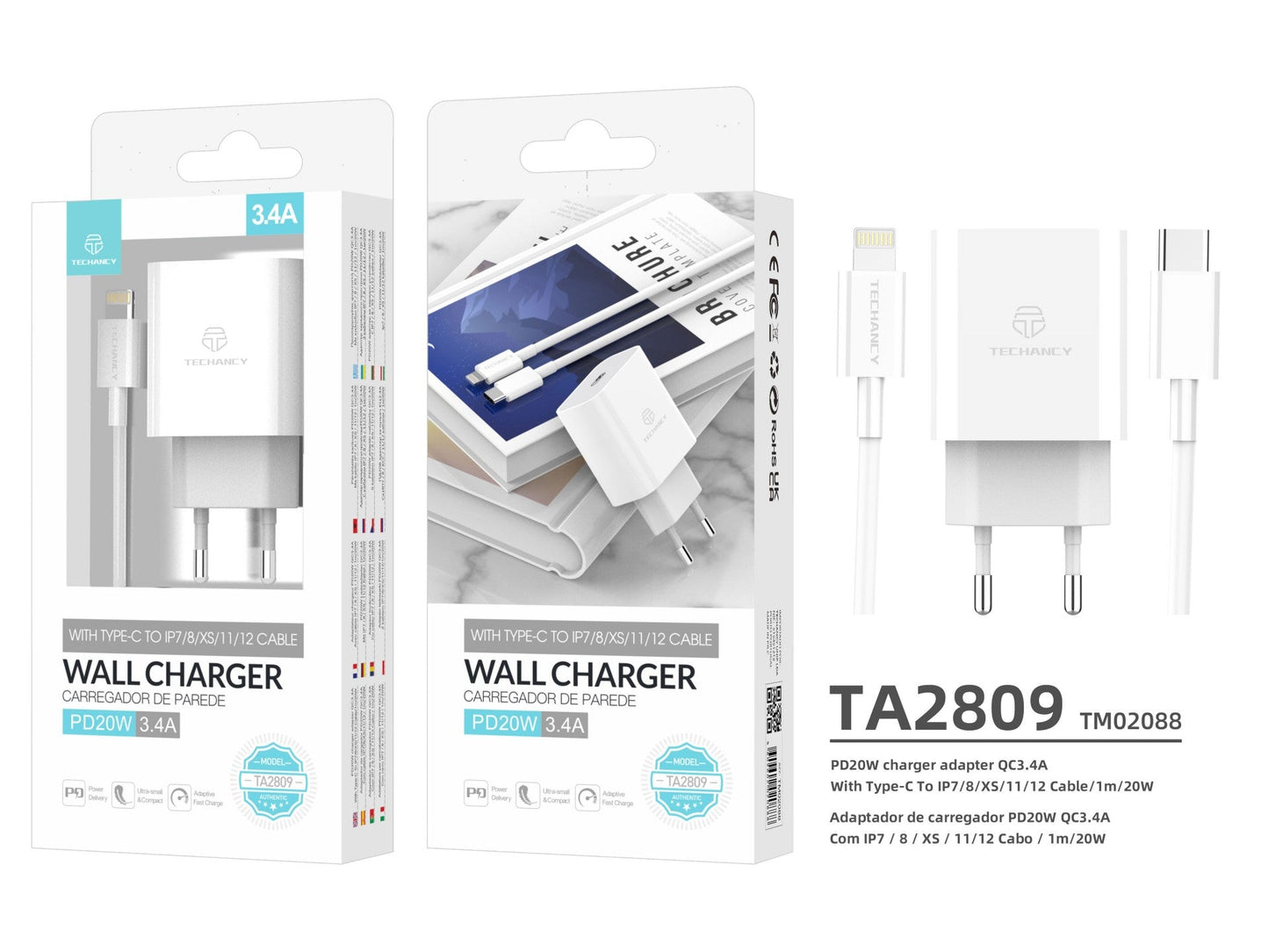 Techancy Carregador De Parede Pd Branco TA2807, Carregamento Rápido 3.4A Pd20w, Conjunto De Cabos Tipo C Para Ip 1m