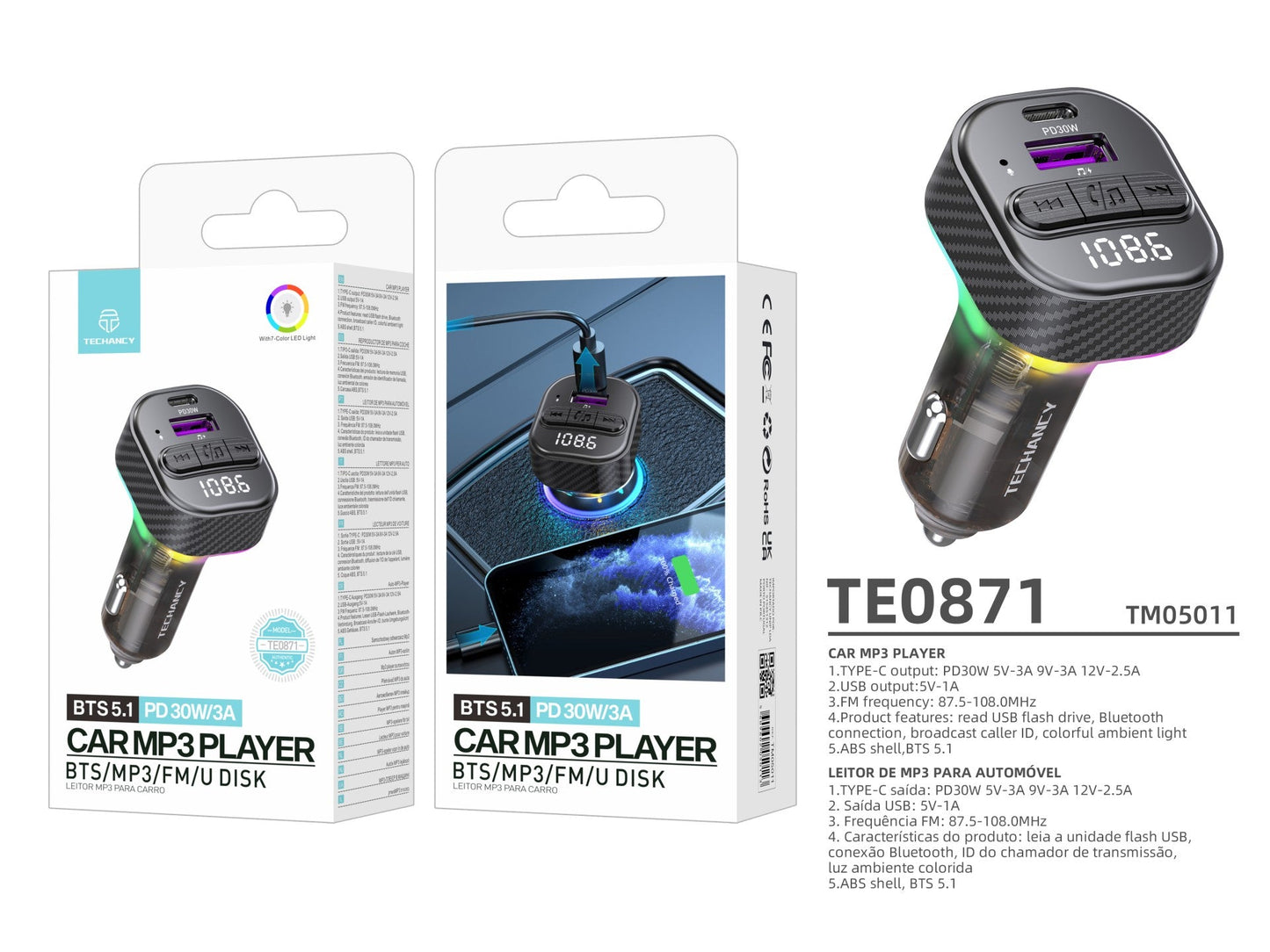 Techancy Leitor De Mp3 Para Automóvel TE0871, Carregamento Rápido Pd De 30 W, Bluetooth 5.1, Leds A Cores, Duas Portas Usb