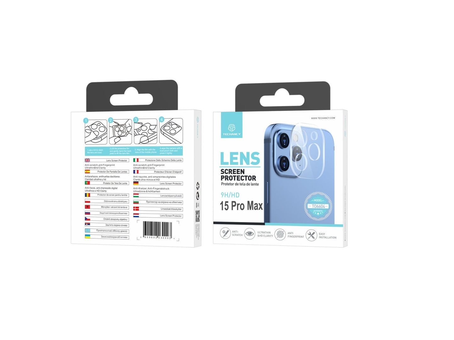 Techancy Protetor de Lente  para iPhone 15 PRO MAX, TO6604, 9H Anti-riscos, Anti-digital, Ultrafino e HD, Fácil de Instalar