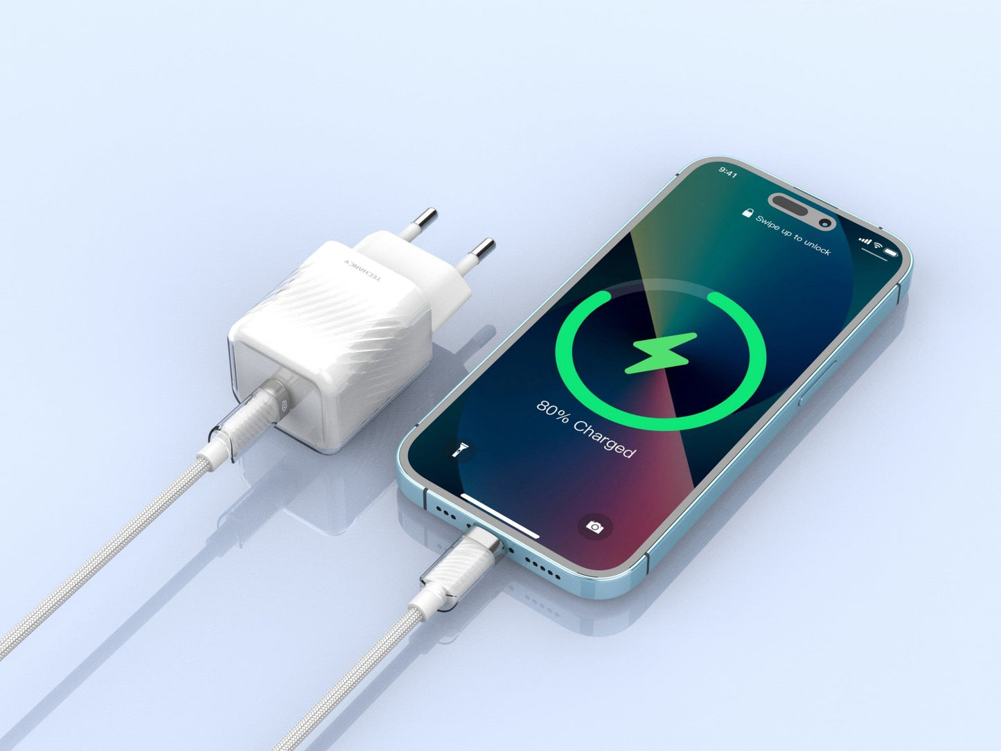 Techancy Carregador De Telemóvel De 20 W Branco TA2816, Carregamento Rápido Usb-C Pd Gan, Conjunto De Cabos Usb C Para Lightning 1m/30w