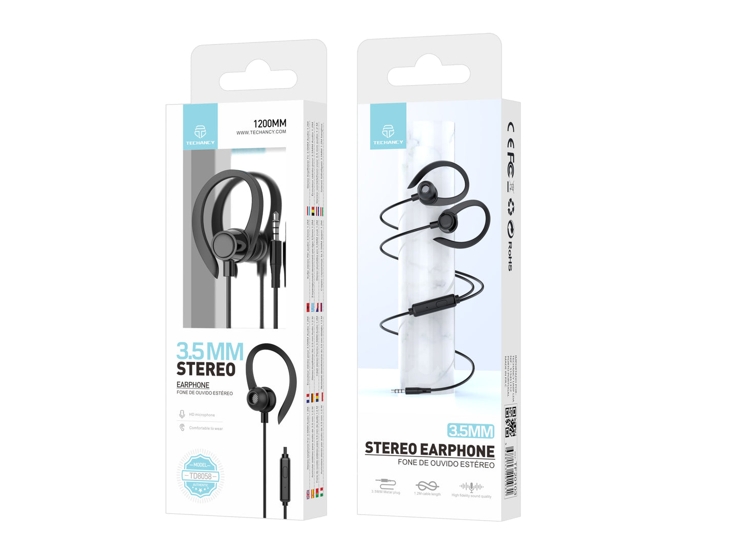 Techancy Auriculares stereo 3.5MM TD8058 cabo 1.2M com microfone confortavel som alta fidelidade Preto
