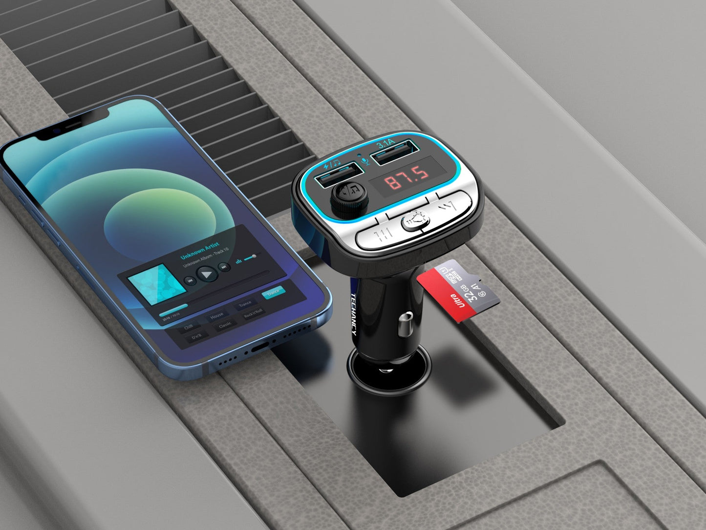 Techancy Transmissor Fm Para Carro TE0867, Bluetooth, Mp3, 2usb 3.1a, Luz Led 7 Cores, Para 12-24v