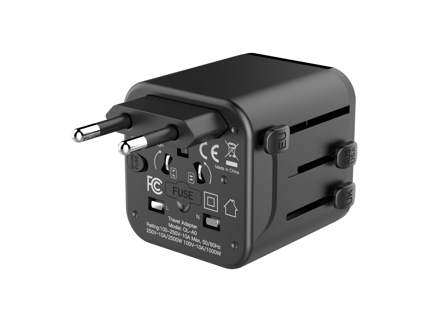 Techancy Adaptador Universal Viagem MB2502 Conversor Tomada Mundial 2500W 10A Compatibilidade UK EU US AUS Ideal Para Viagens Preto