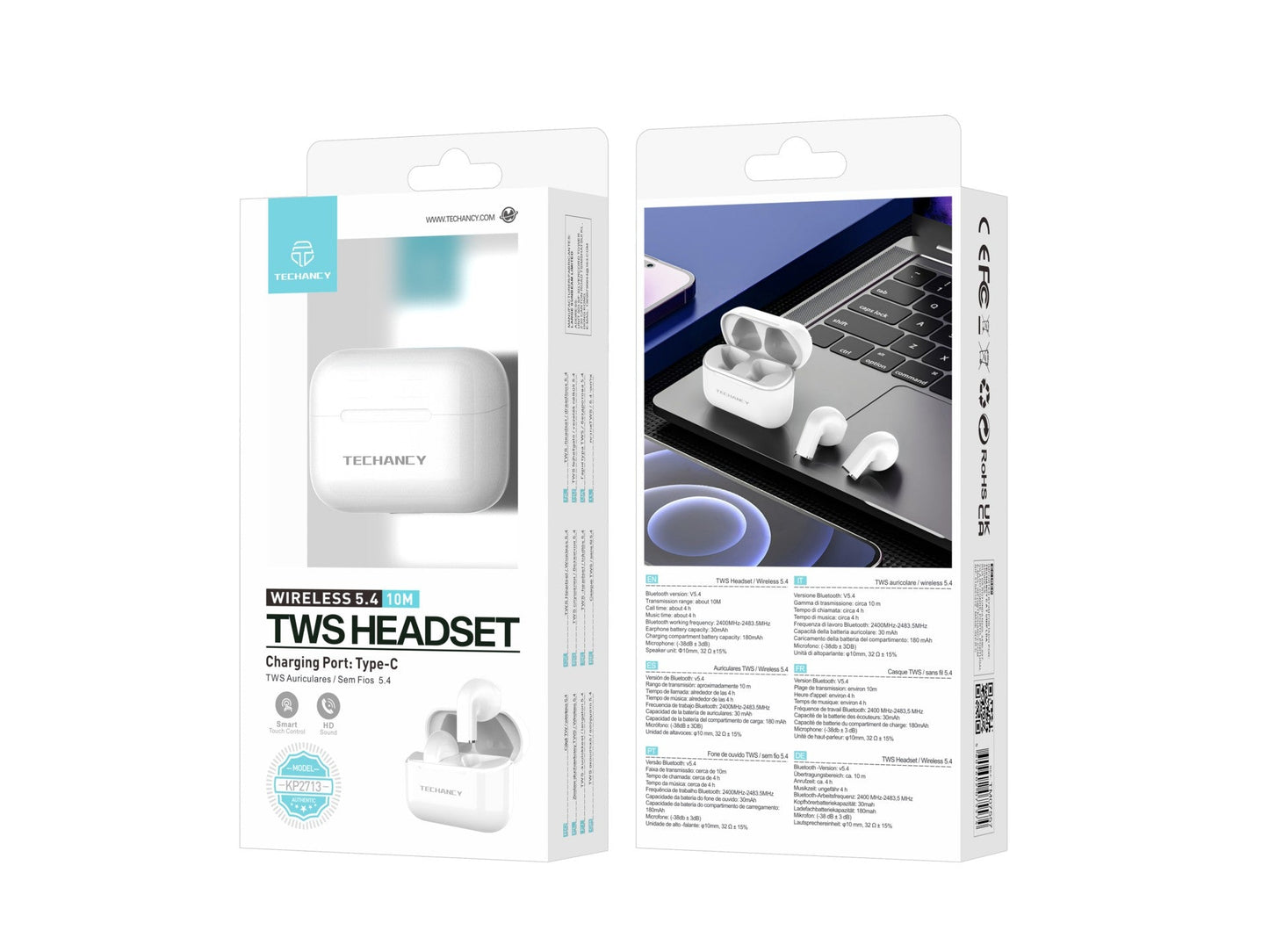 Techancy Auriculares TWS KP2713 Bluetooth 5.4 true wireless USB-C 4h de autonomia ligação estável 9m cor branca