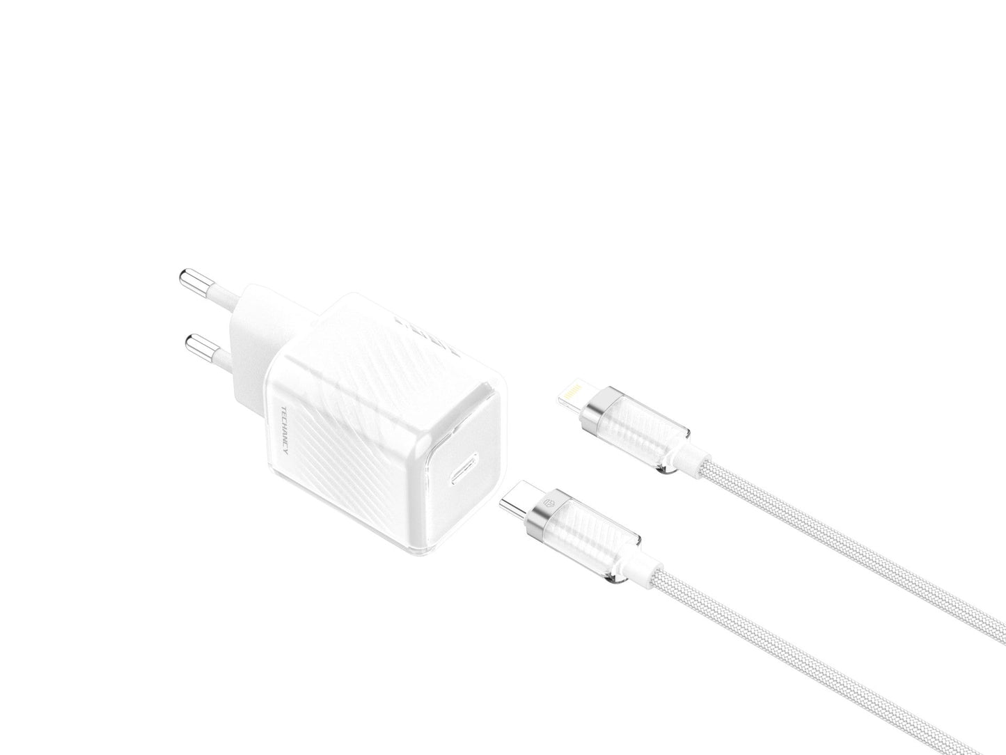 Techancy Carregador De Telemóvel De 20 W Branco TA2816, Carregamento Rápido Usb-C Pd Gan, Conjunto De Cabos Usb C Para Lightning 1m/30w