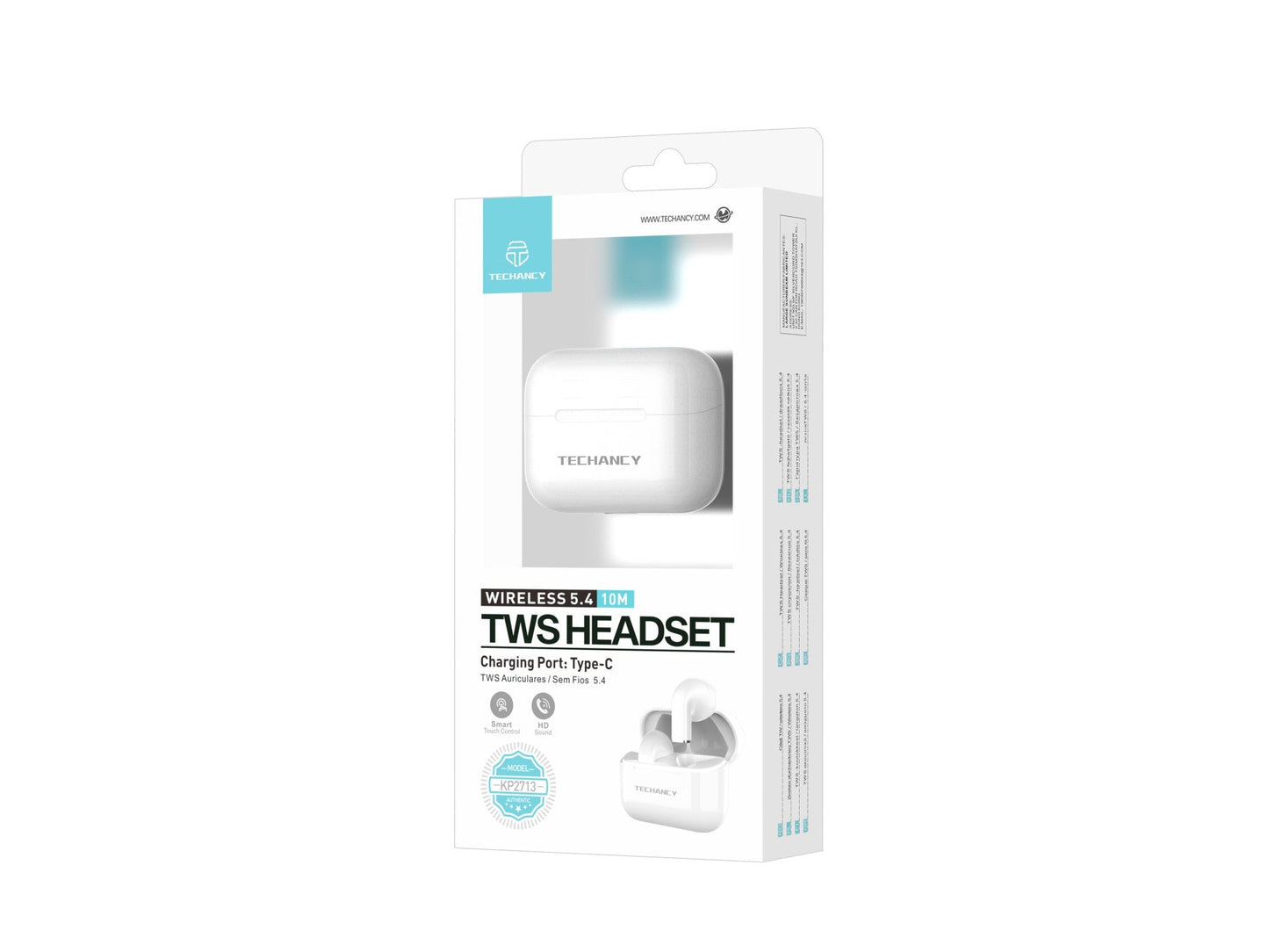 Techancy Auriculares TWS KP2713 Bluetooth 5.4 true wireless USB-C 4h de autonomia ligação estável 9m cor branca