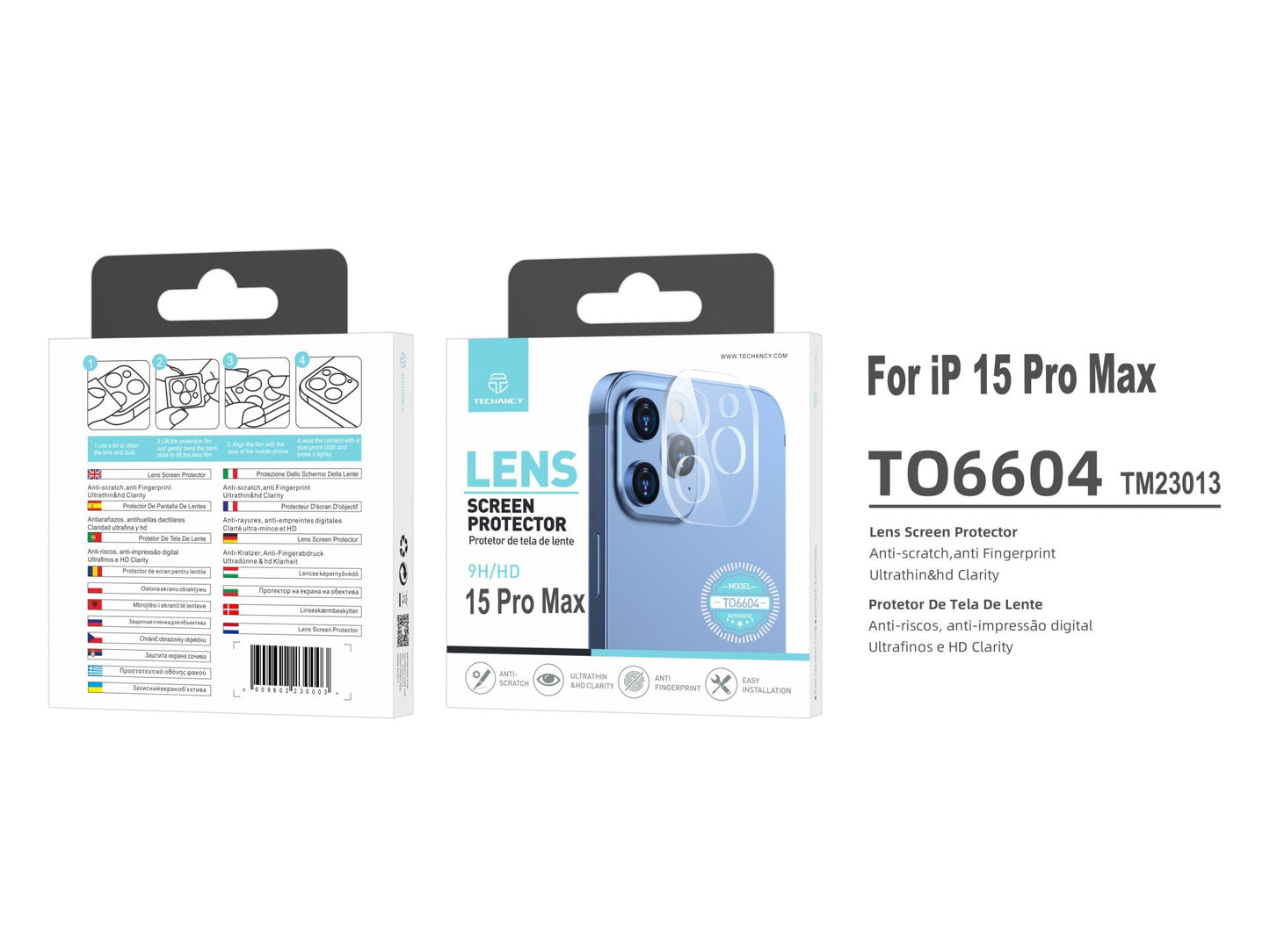 Techancy Protetor de Lente  para iPhone 15 PRO MAX, TO6604, 9H Anti-riscos, Anti-digital, Ultrafino e HD, Fácil de Instalar