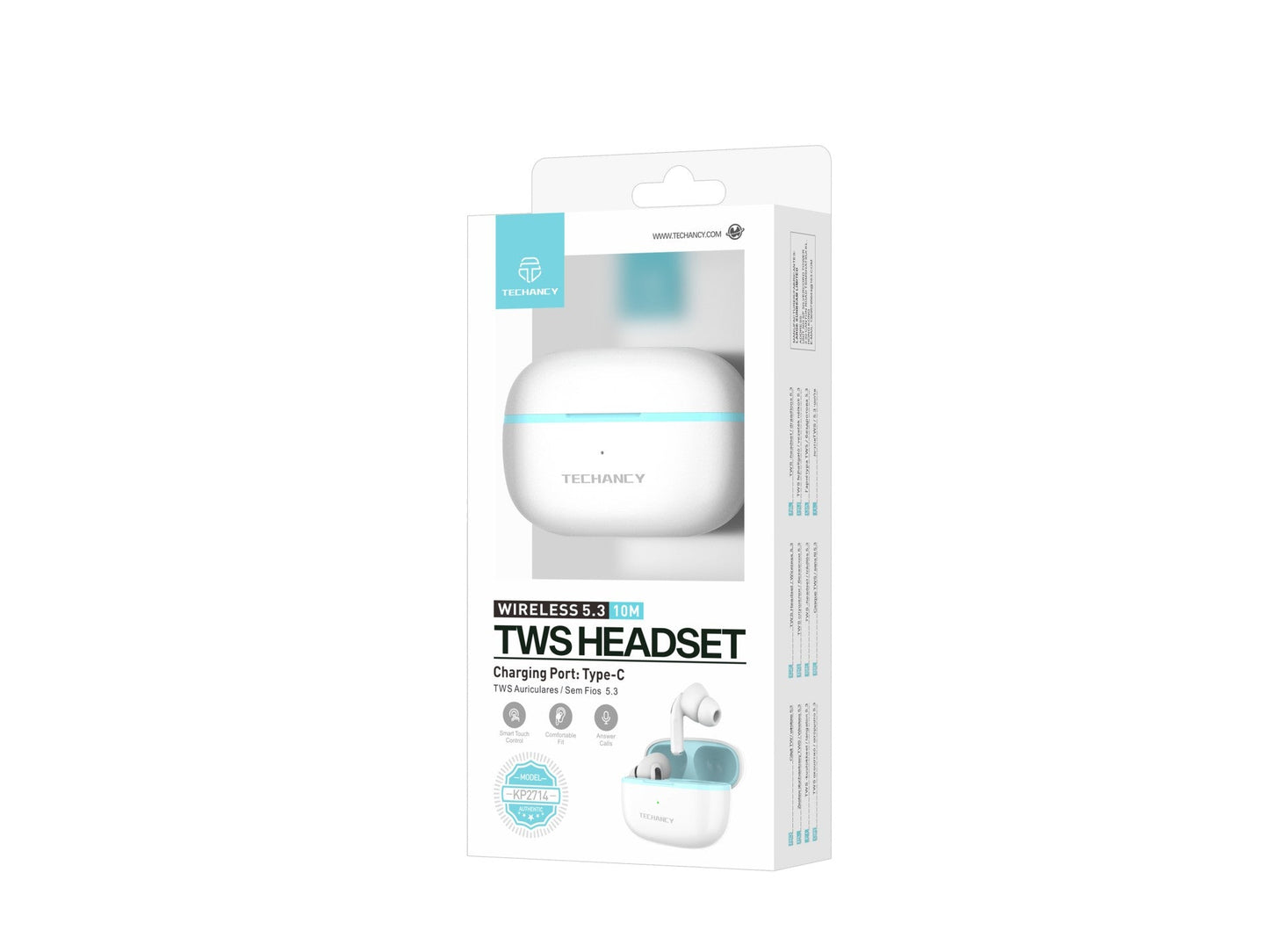 Techancy Auriculares TWS KP2714 Bluetooth 5.3 ligação 10m USB-C 4h de autonomia som nítido confortável cor branca